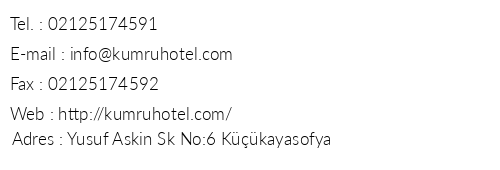 Kumru Hotel telefon numaralar, faks, e-mail, posta adresi ve iletiim bilgileri